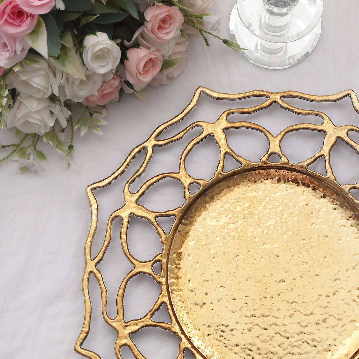 6-Pack Acrylic Charger Plates 13" Round Gold Floral Cutout Design - Hollow Flower Plastic Decorative Dinner Party Charger Tableware